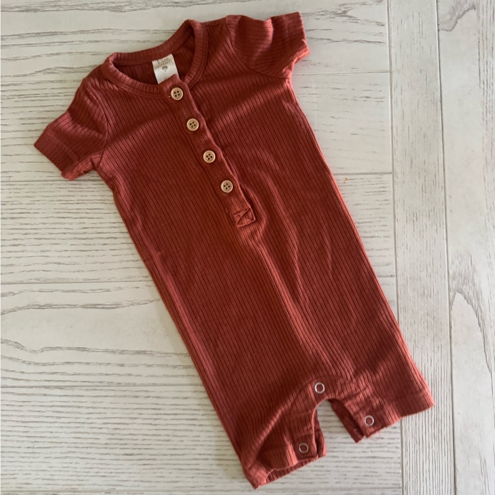 Kate Quinn Rust Orange Bamboo Ribbed Button Shortie Romper
